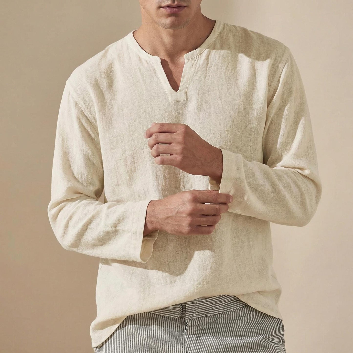 Mens Cotton Linen V-Neck Shirt | Lightweight Pullover Top