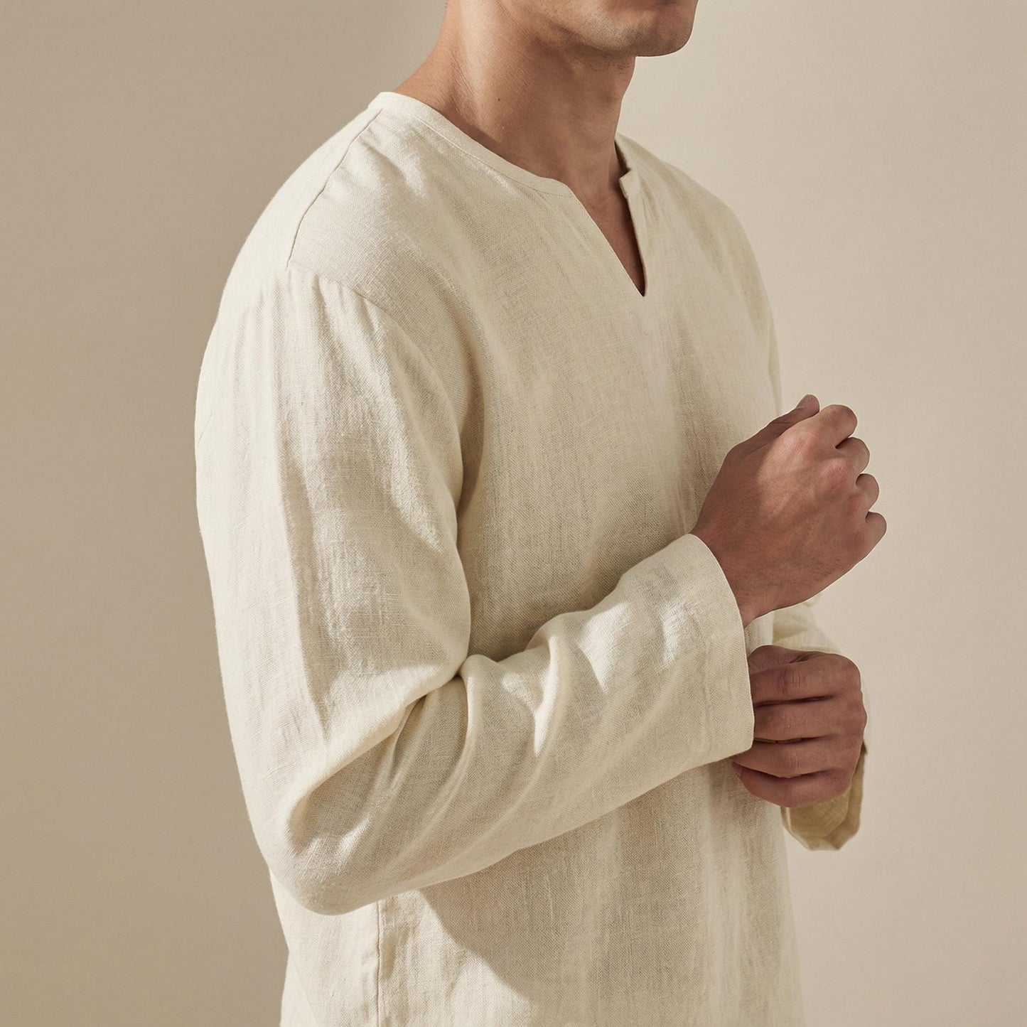 Mens Cotton Linen V-Neck Shirt | Lightweight Pullover Top